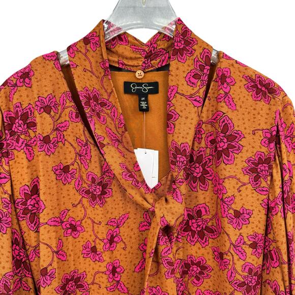 Jessica Simpson Plus NWT Penelope Floral Print Neck Tie Long Sleeve Top - Picture 4 of 12